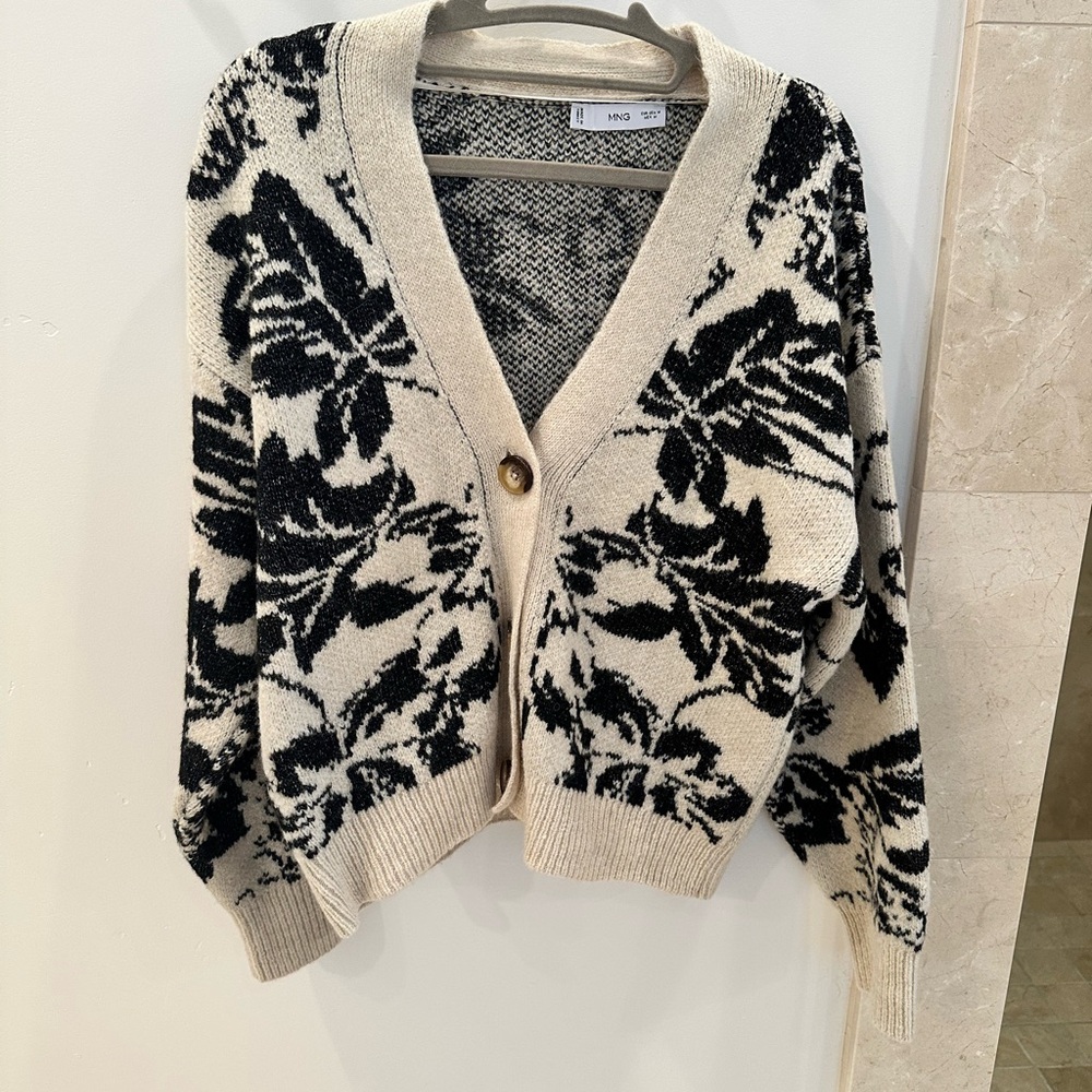 Mango Black and Cream Floral Cardigan Sweater